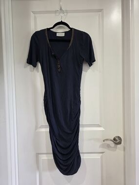 A.L.C. Navy Button-Front Ruched Midi Dress